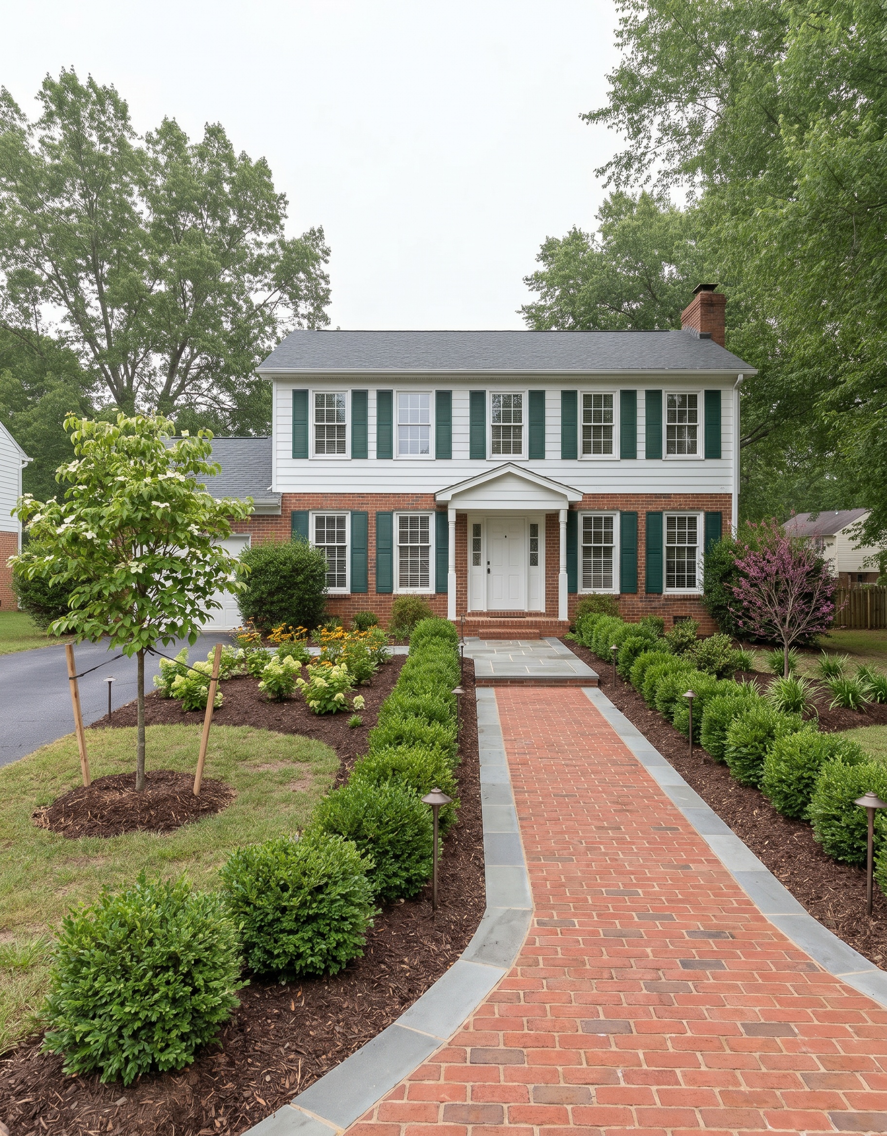 Same home with AI-rendered traditional Virginia landscape — boxwoods, brick walkway, perennial bed